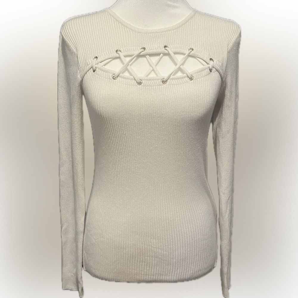 Women's White Sweater with Lace-Up Detail